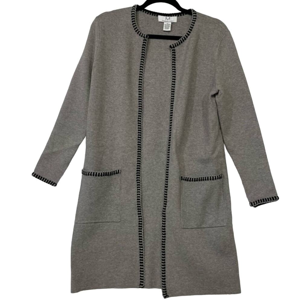 Magaschoni Long Grey Cardigan Sweater Duster Sz XS Black Stitching Two Pockets